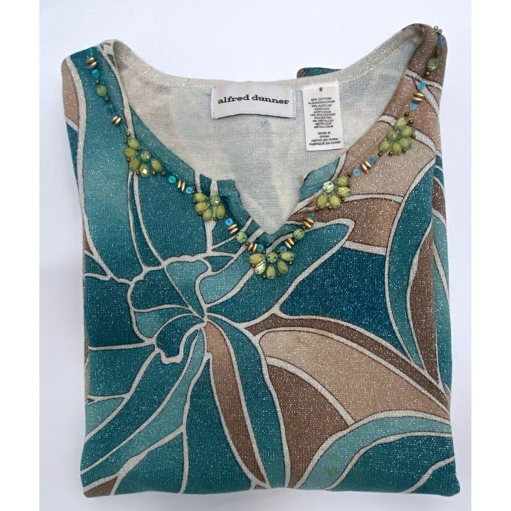 Alfred Dunner Womens Teal Tan Metallic Abstract Floral Beaded V-Neck Knit Top S
